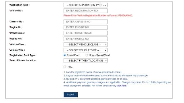 HSRP Punjab number plate registration form