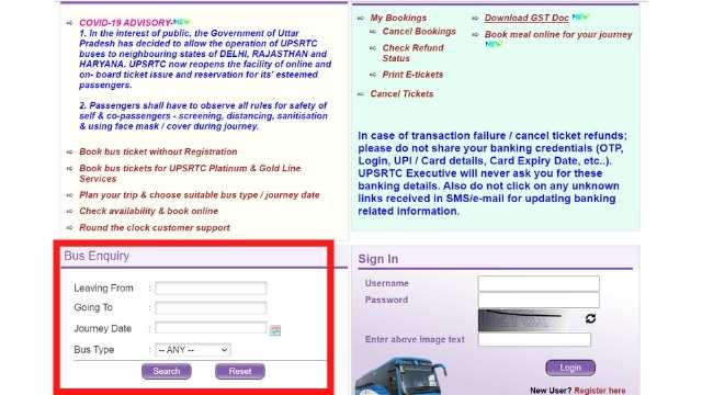 Bus Enquiry on UPSRTC website