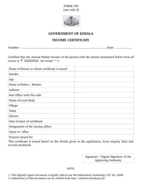 Kerala Income certificate format